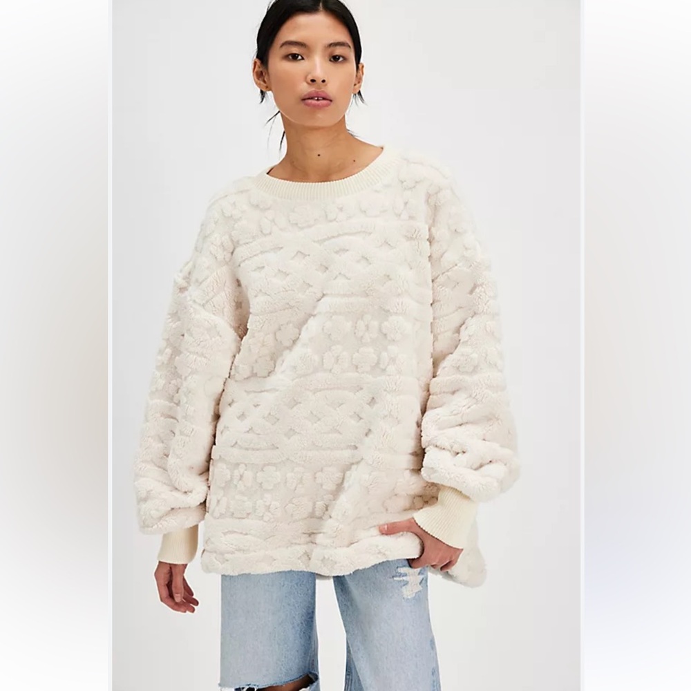 Free People Ivory Plush Textured Oversized Sweatshirt